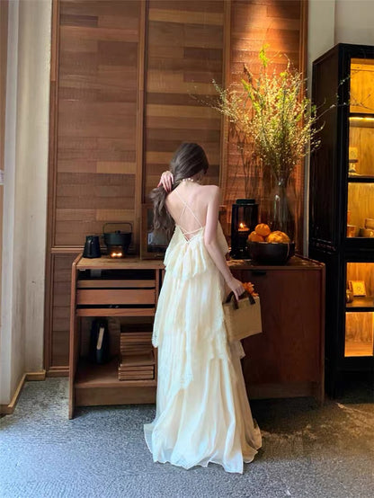 Chiffon Mix Lace Thin Bareback Long Dress