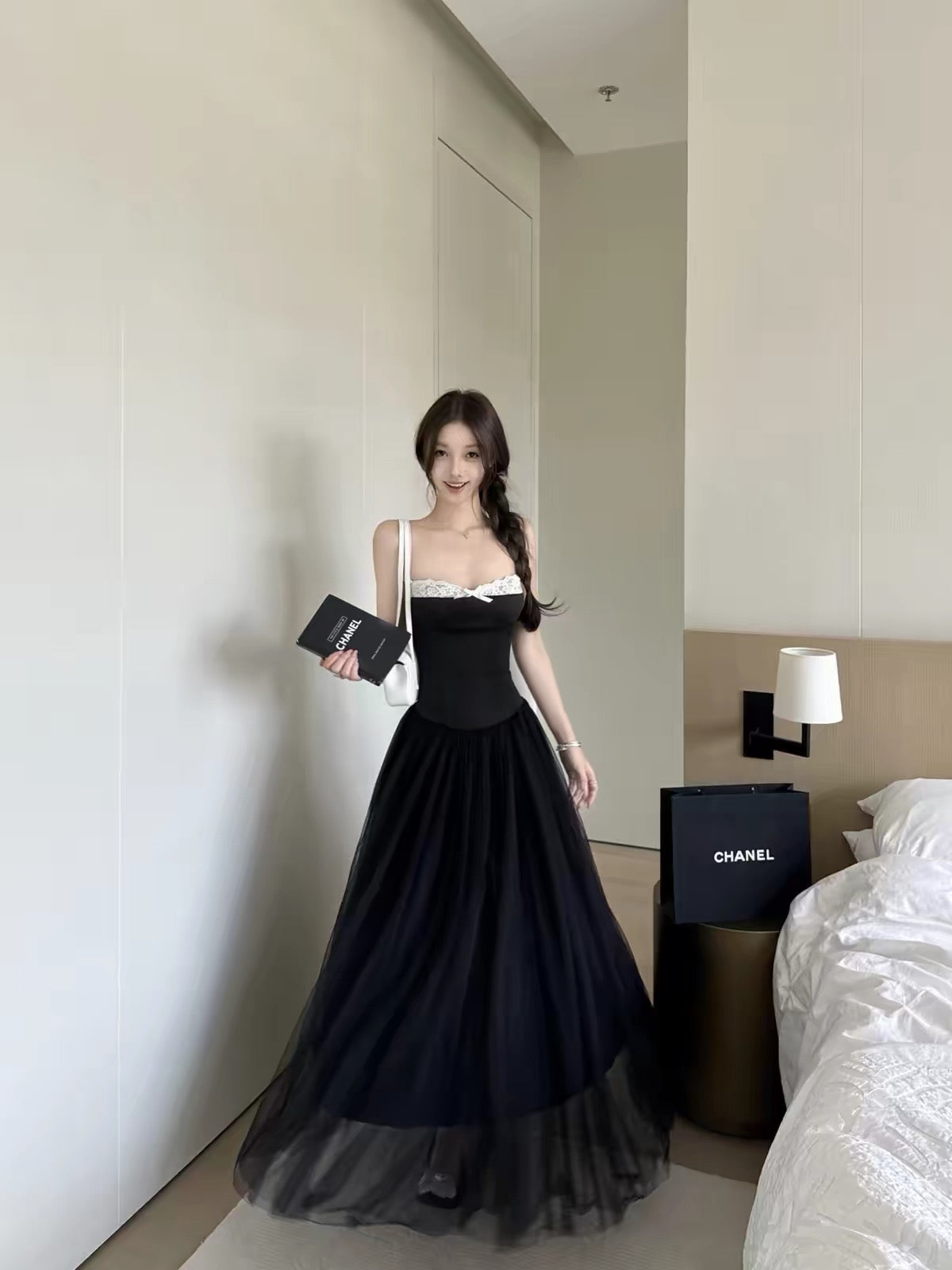 Mix White Laces Black Mesh Maxi Dress (S, M)