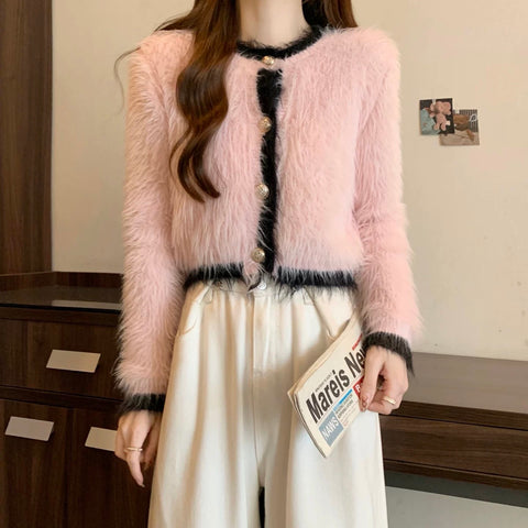 Fuzzy Pink Knitted Top Cardigan