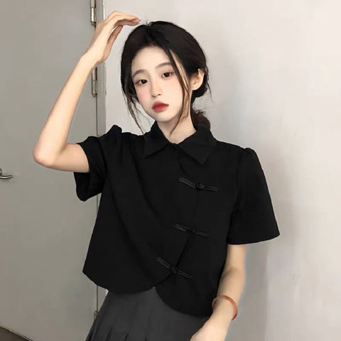 Classic Short Sleeve Cheongsam Top (Black)
