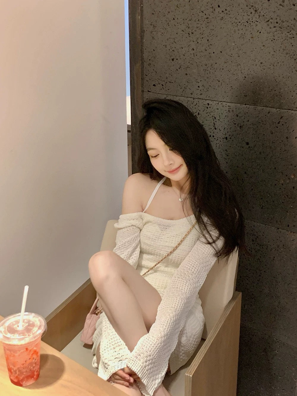 U Collar Knitted Long Sleeve Two Piece Set (S)