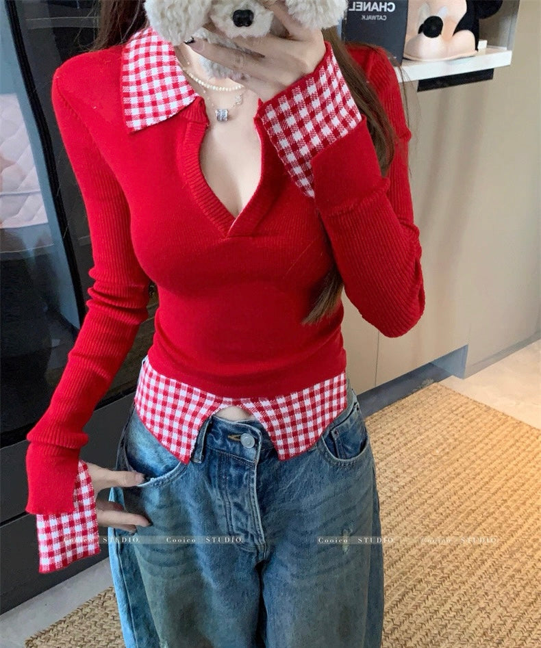 Red Knitted Long Sleeve Top