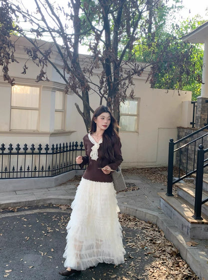 Creamy Layered Mesh Long Skirt