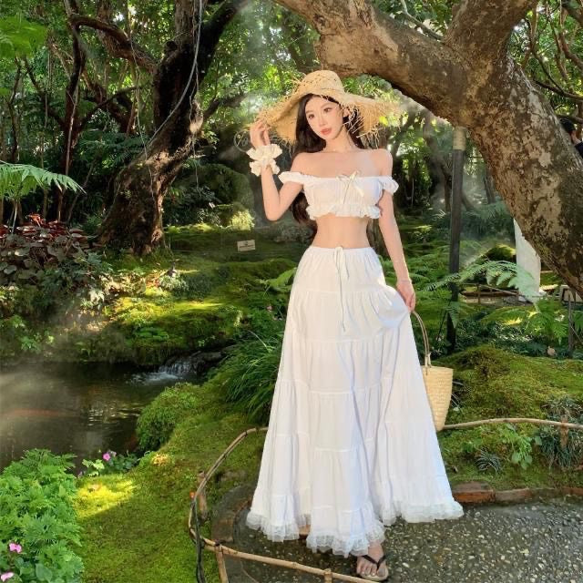 White Off Shoulder Crop Top Long Skirt TWO Pieces Set