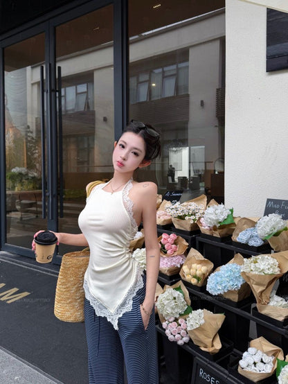 White Mix Laces Knitted Unequal Top (S)