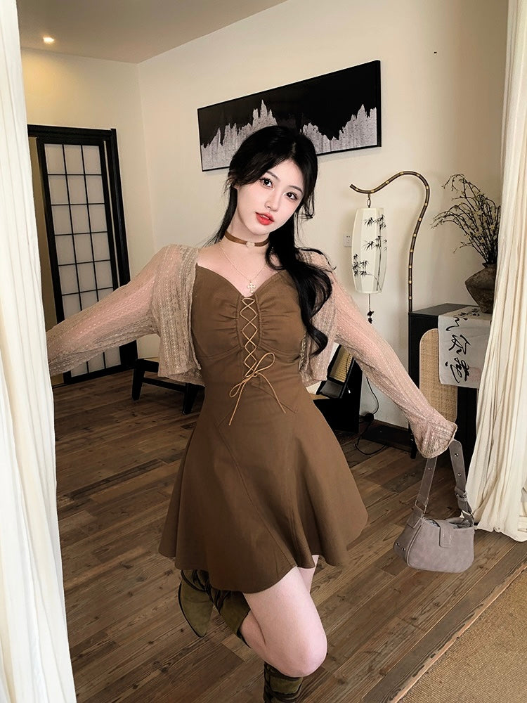 Chocolate Dress + Lace Cardigan Set (S ~ XL)