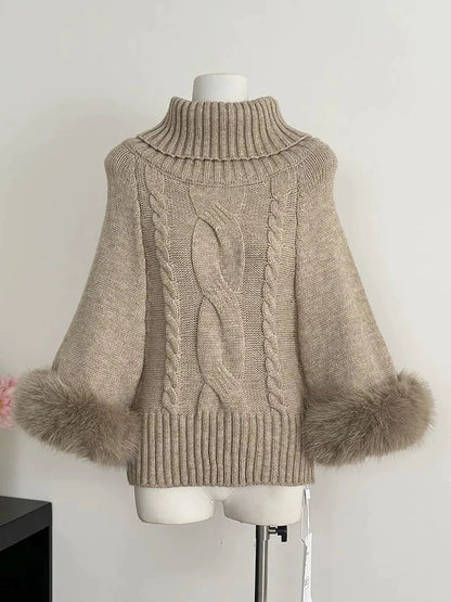 Fur Sleeve Multi Wear Collar Knitted Top (Cream, Brown)