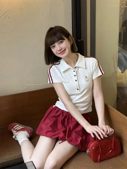 Collar White Top + Wine Red Skirt Two Piece Set