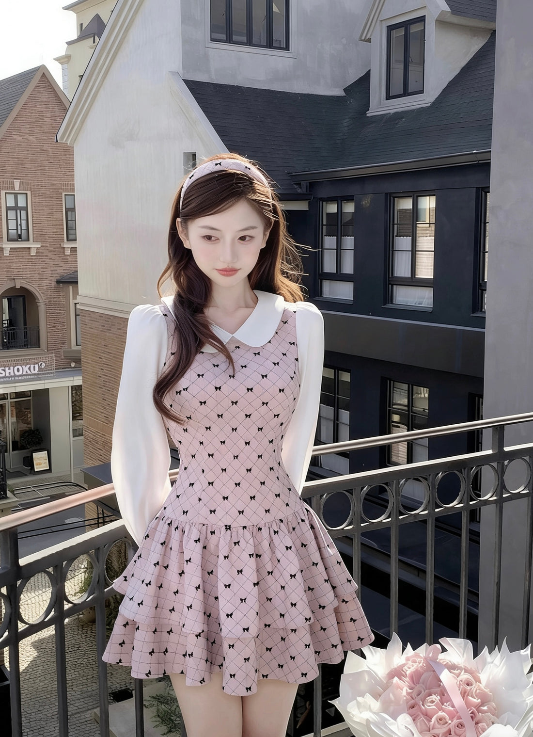 Premium Pinky Bow Long Sleeve Dress
