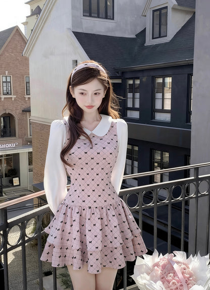 Premium Pinky Bow Long Sleeve Dress