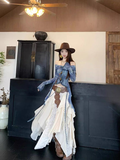 Creamy Unequal Mix Lace Long Skirt