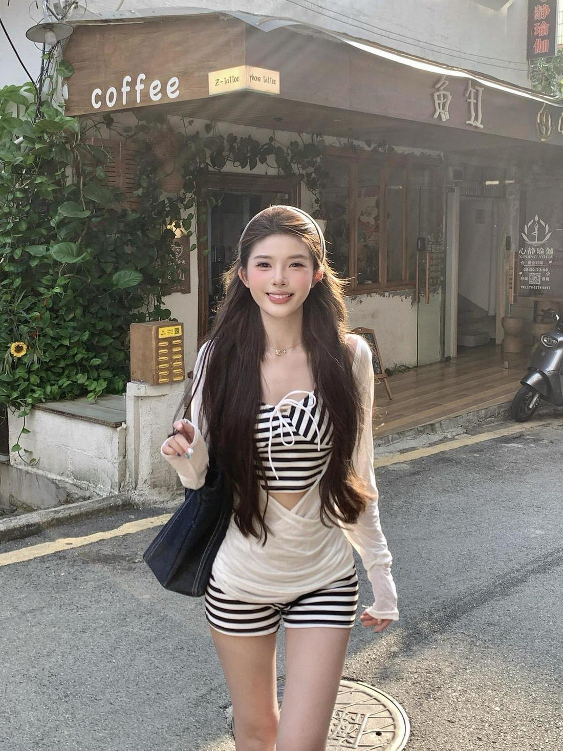 Stripe Singlet + Shorts + White Top Three Pieces Set