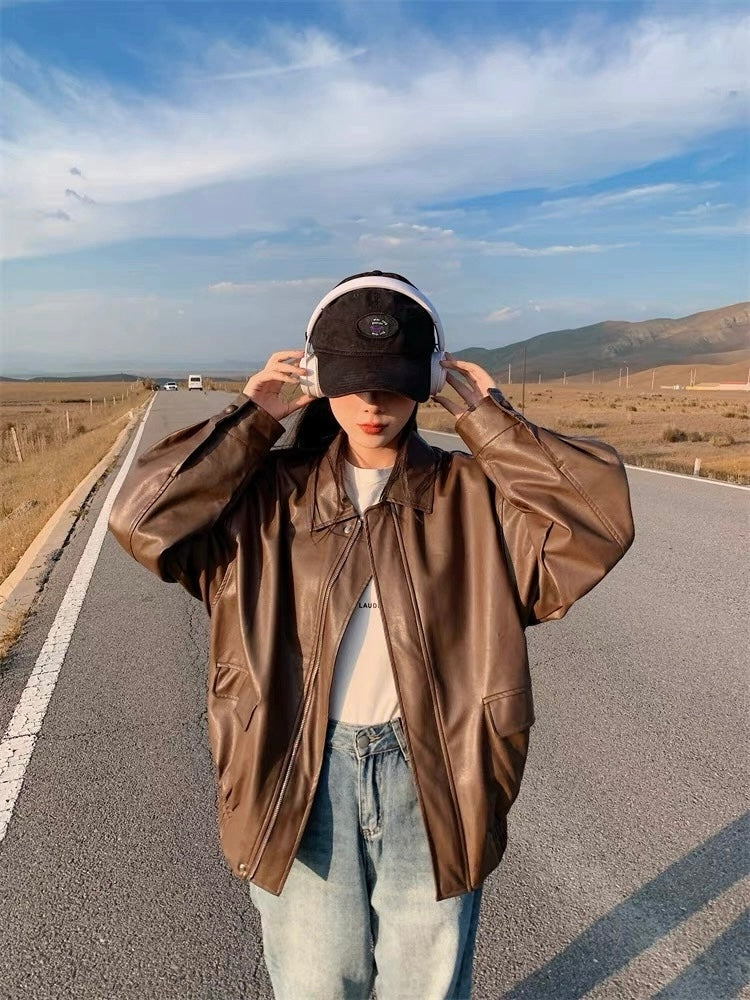 Thin PU Leather Oversize Jacket (Brown)