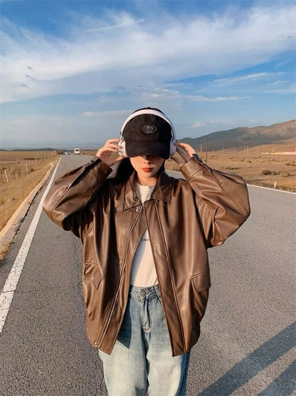 Thin PU Leather Oversize Jacket (Brown)