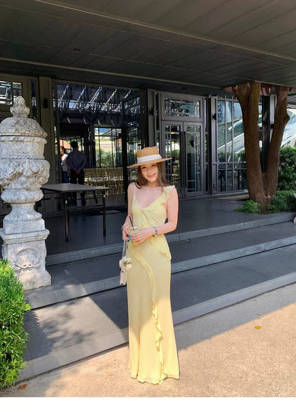 Side Flare Strap Mix Lace Long Dress (Yellow, Black)