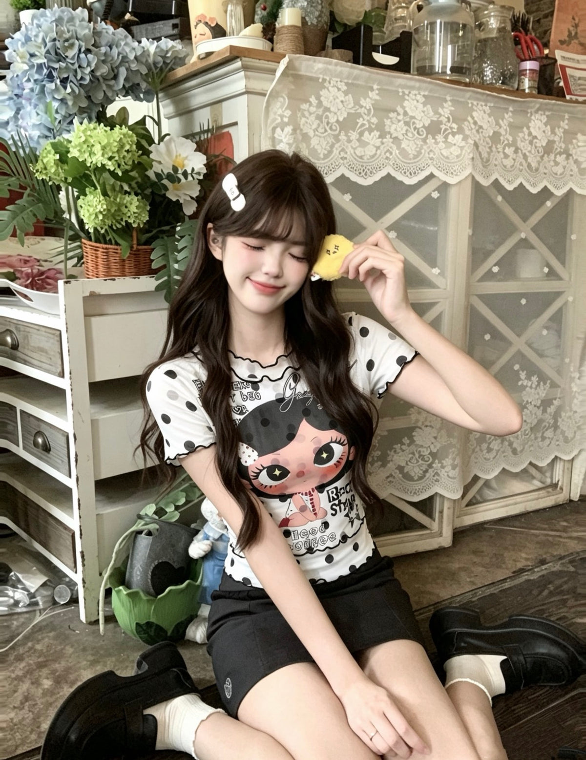 Black Dot White Mesh Top