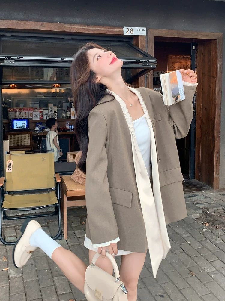 Khaki Ribbon Collar Blazer