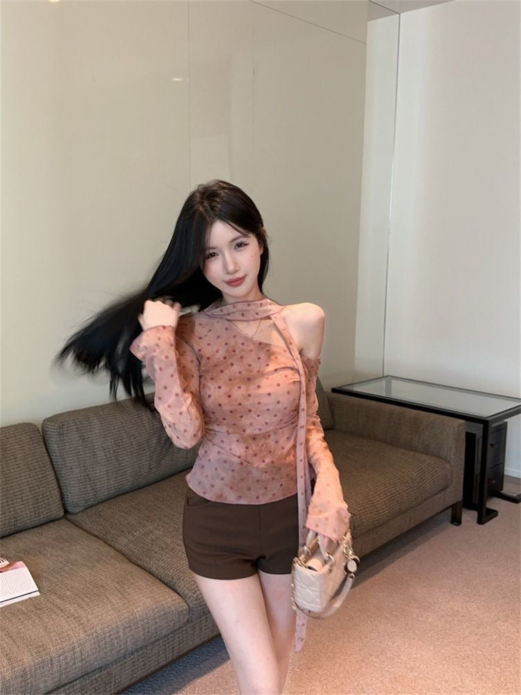 Mini Dot Off Shoulder Long Sleeve Mesh Top