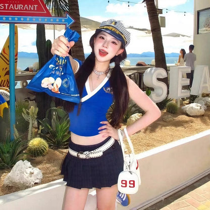 Uni V Collar Top + Skirt Two Piece Set (S, M)
