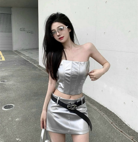 Silver Top + Middle Waist Skirt Two Pieces Set