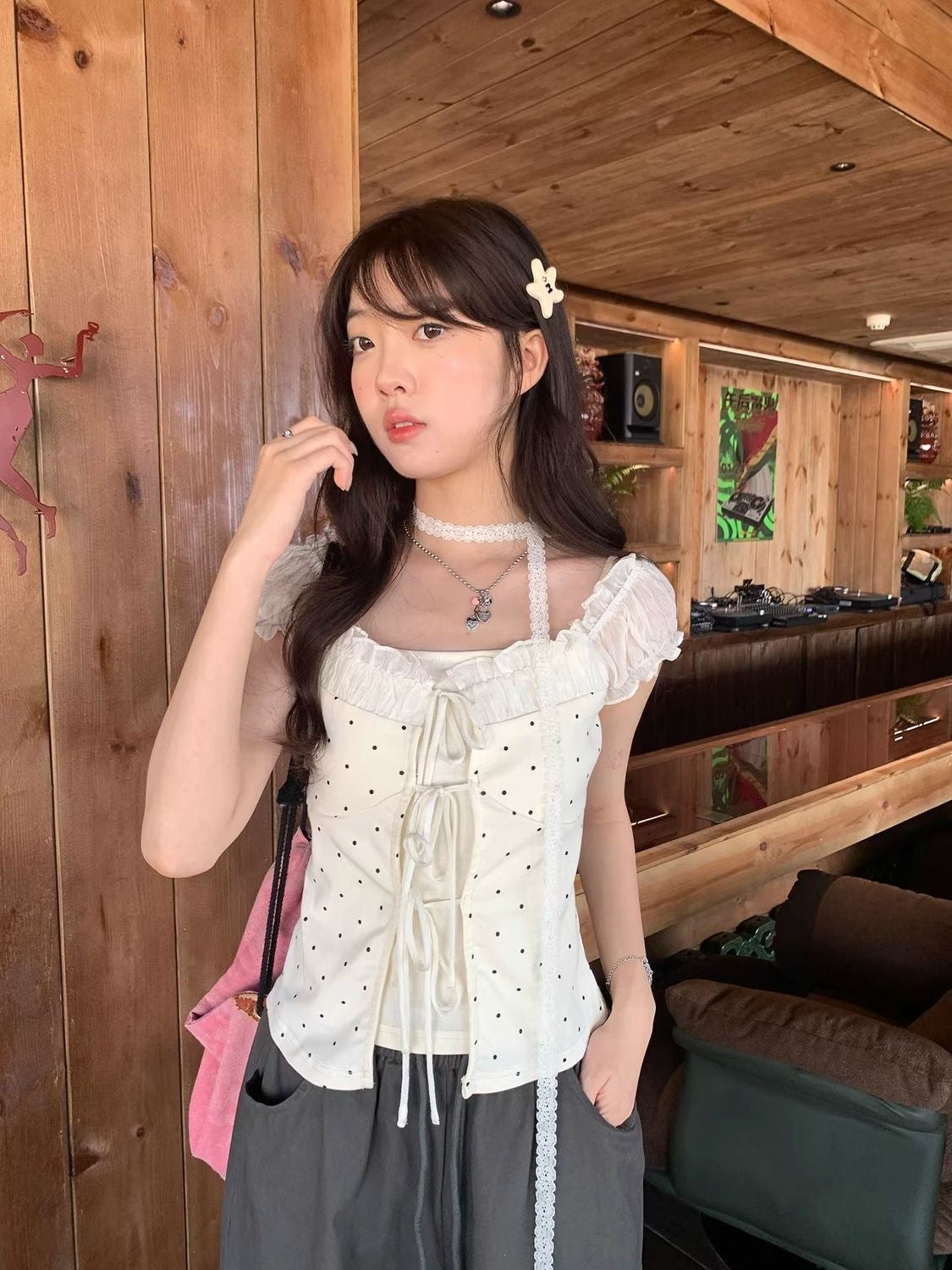 Cream Polka Dot Top With Collar Strap
