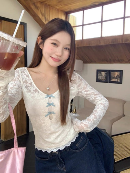 Blue Bows Lace Beige Long Sleeve Top