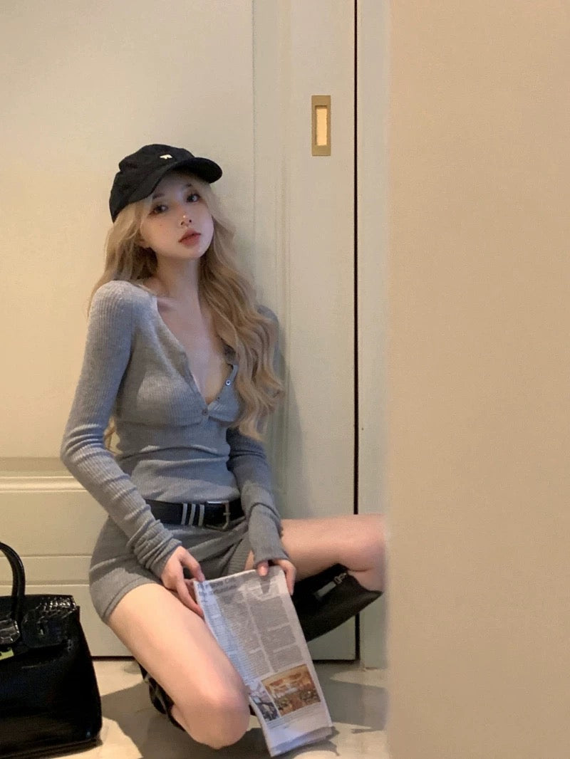 Grey Slim Fit Top + Shorts Two Piece Set with belt