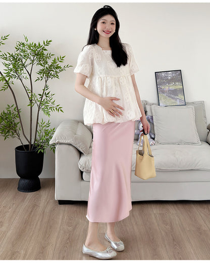 Beige Puff Sleeve + Pink Skirt Mom Two Piece Set