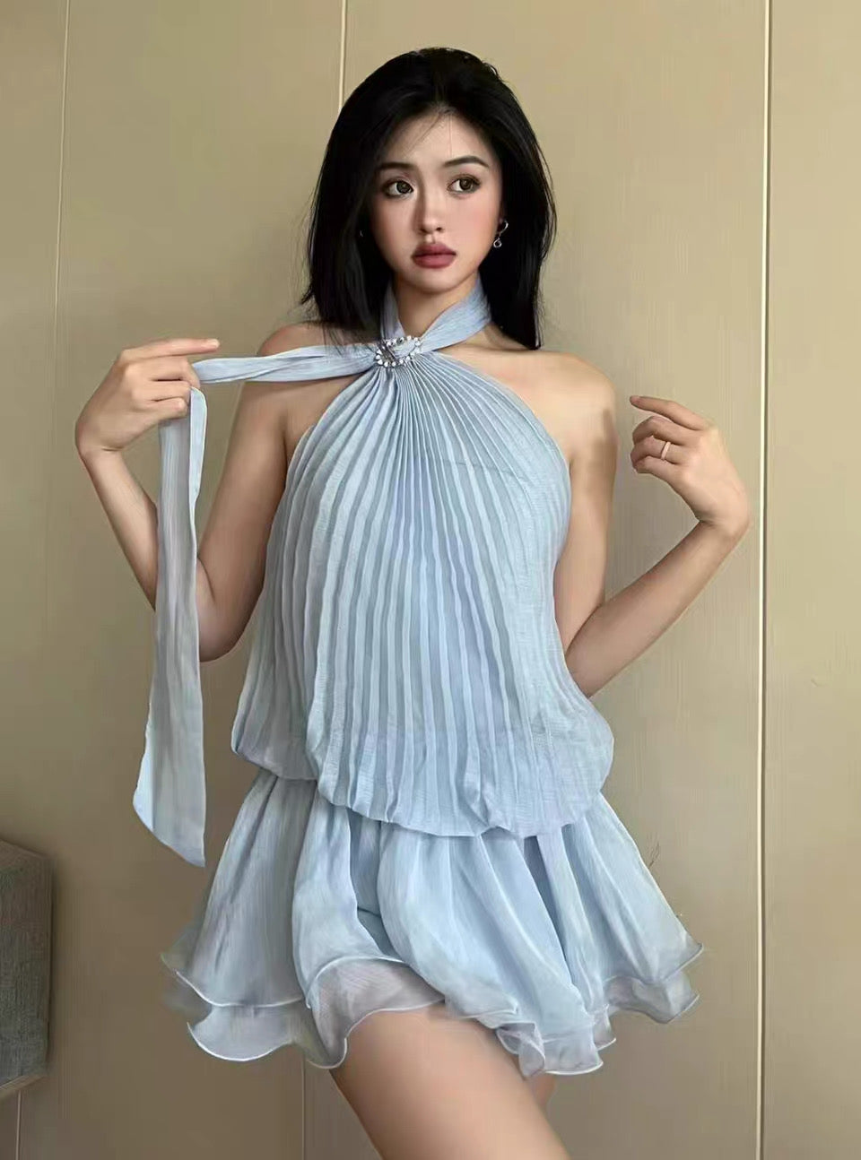 Chiffon Blue Pleated Dress