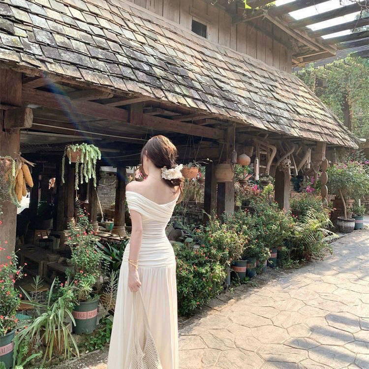 Cream Off Shoulder Top + Long Skirt Two Pieces Set