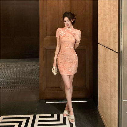 Pink Velvet Cheongsam CD003 Short Dress (S)