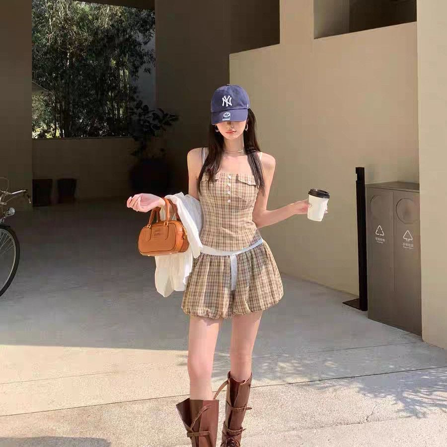 Khaki Grid Top + Skort Two Piece Set