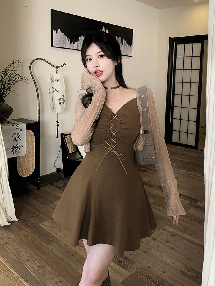 Chocolate Dress + Lace Cardigan Set (S ~ XL)