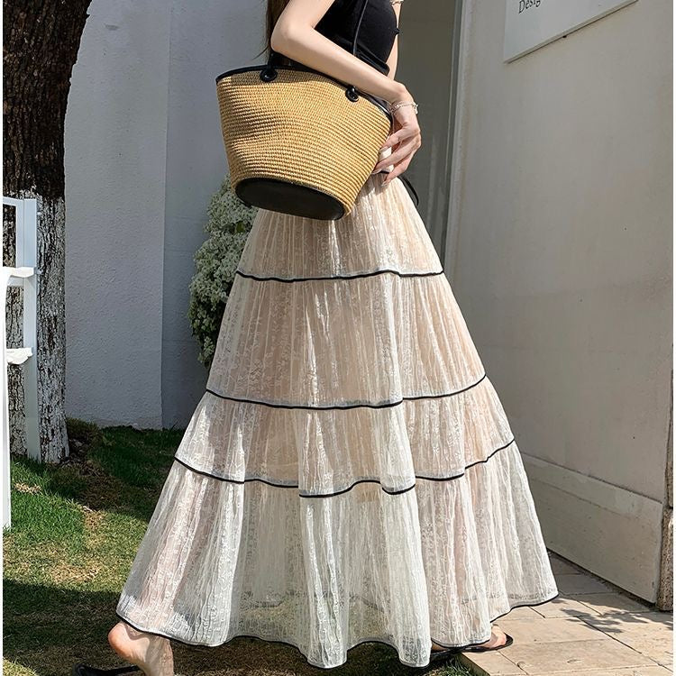White Laces Black Ribbon Long Skirt SK31