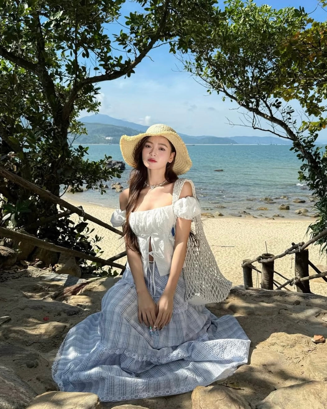 White Top + Blue Long Skirt Two Piece Set