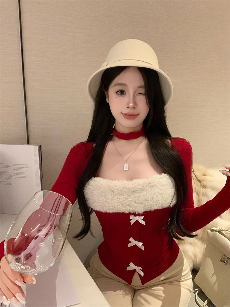 Christmas Collar White Ribbons Long Sleeve Top C004