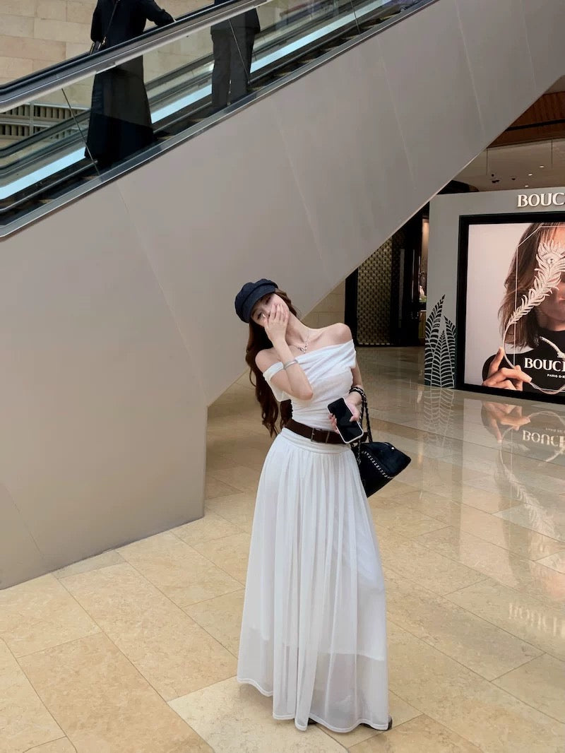 Off Shoulder Mesh Long Dress With Belt