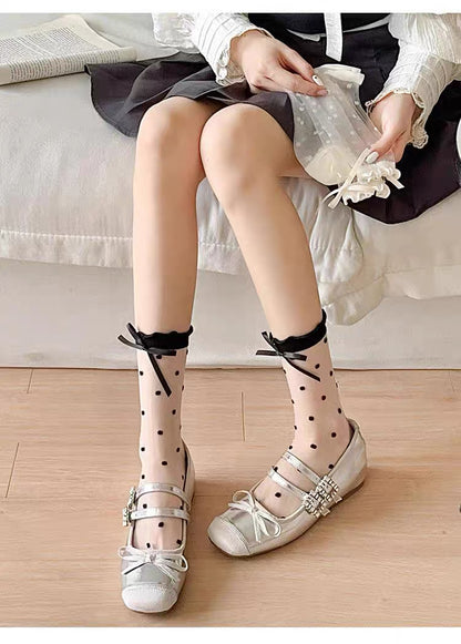 Ribbon Dot Mesh Socks (Black + Cream)