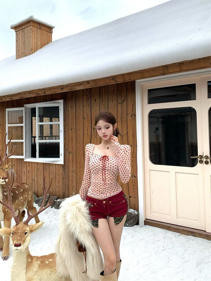 Mesh Red Hearts Long Sleeve Top