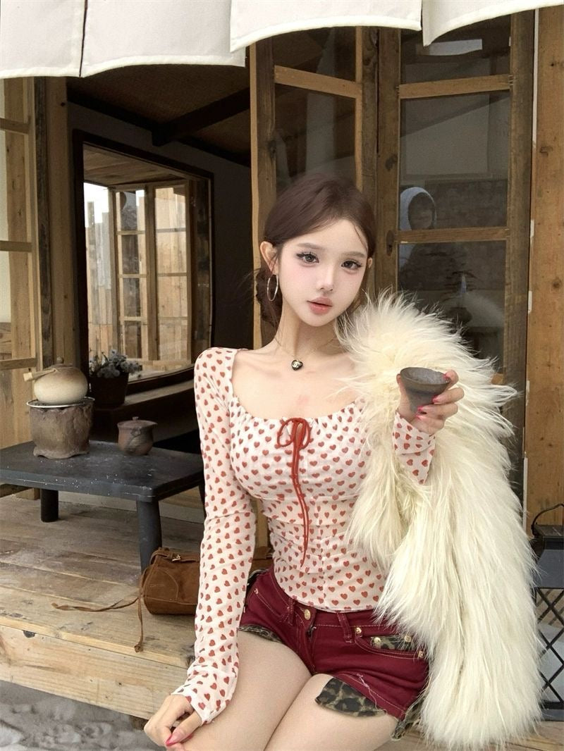 Mesh Red Hearts Long Sleeve Top