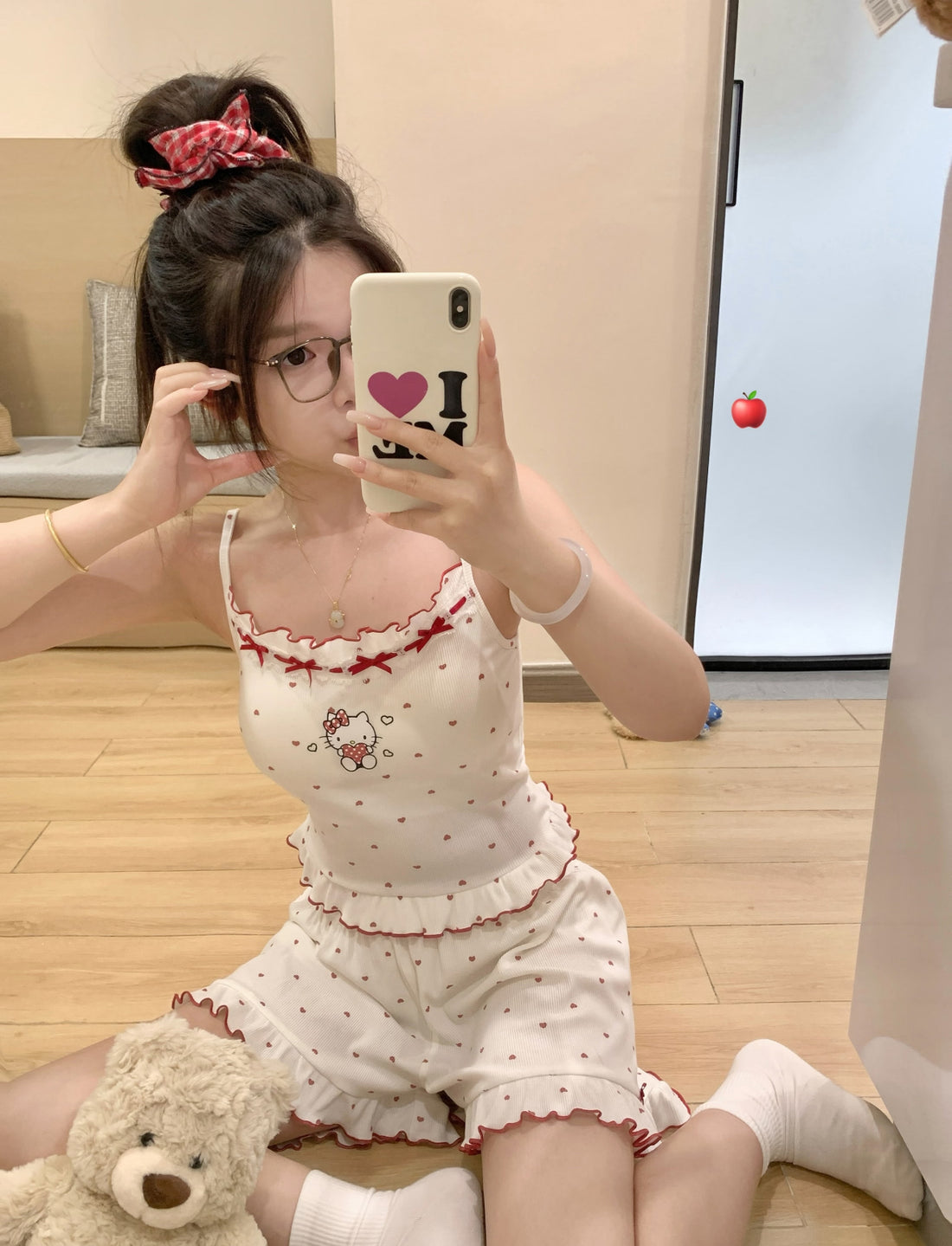 Kitty White Strap Top + Shorts Two Pieces Set Homewear Pyjamas