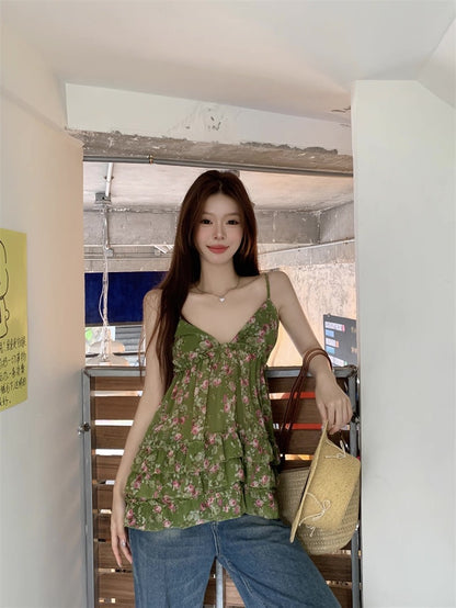 Green V Collar Chiffon Strap Floral Top