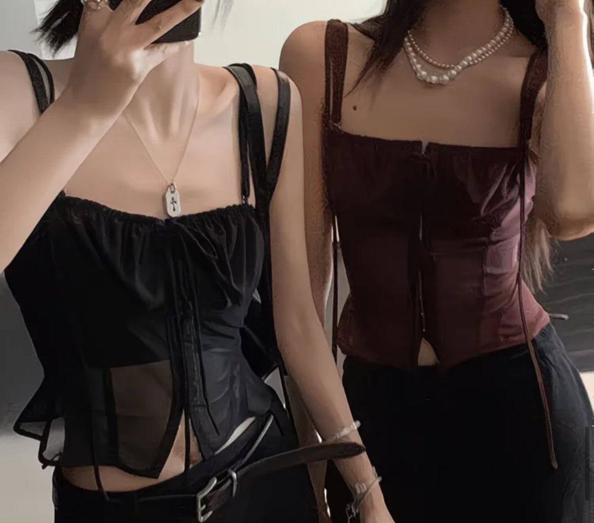 Strap Mesh Top (Black, Wine Red)