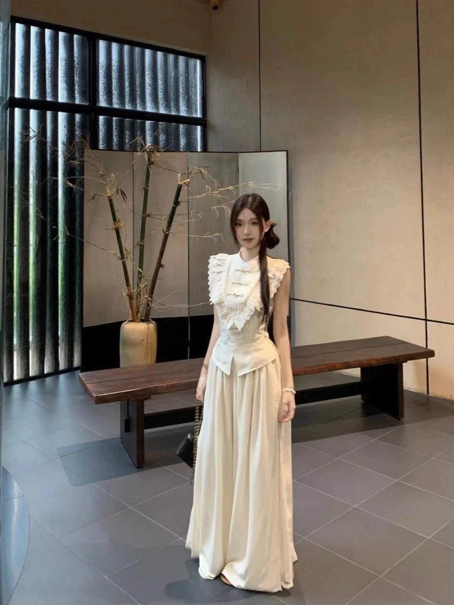 Cream White Cheongsam Top CD038 + Pants Two Piece Set (S, M)