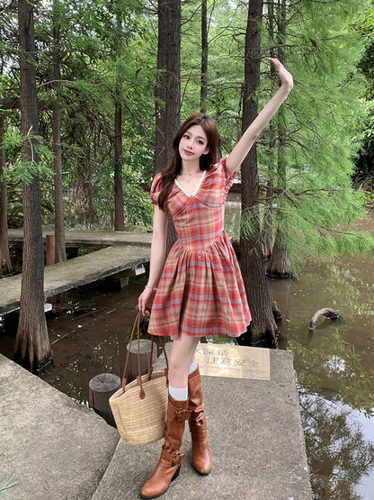 Red Grid Short Dress