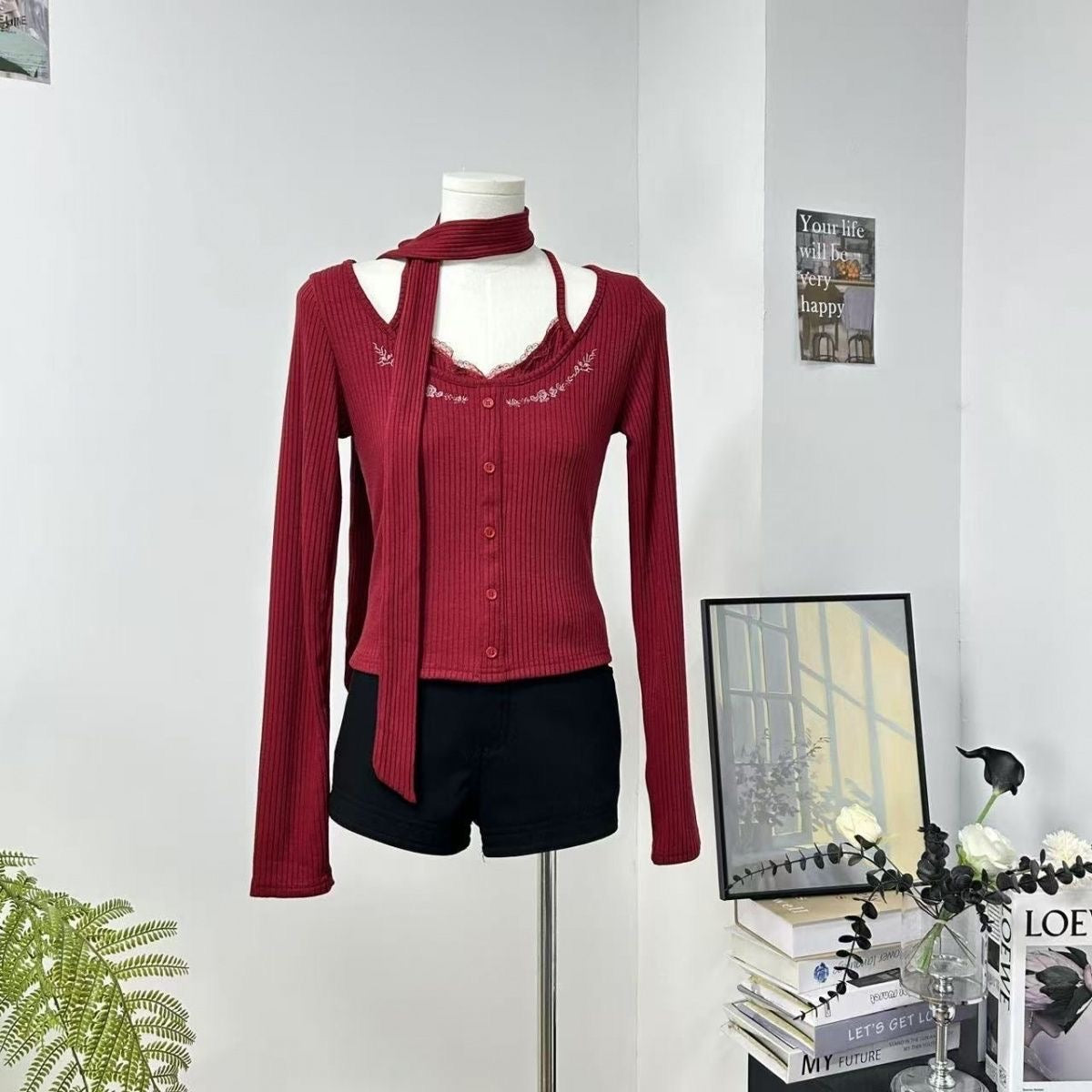 Knitted Long Sleeve Top with strap (Black, Red)