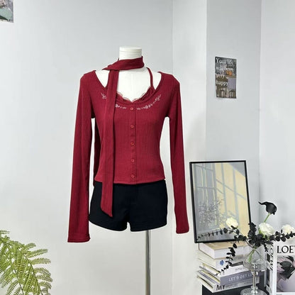 Knitted Long Sleeve Top with strap (Black, Red)