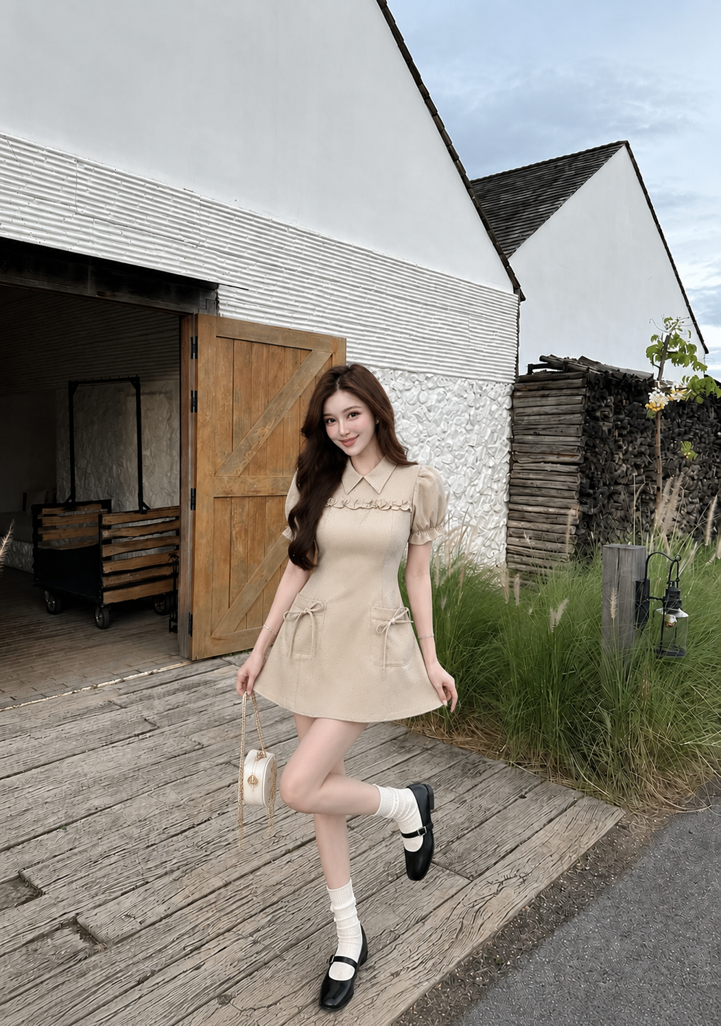 Khaki Puff Sleeve Mini Dot Dress
