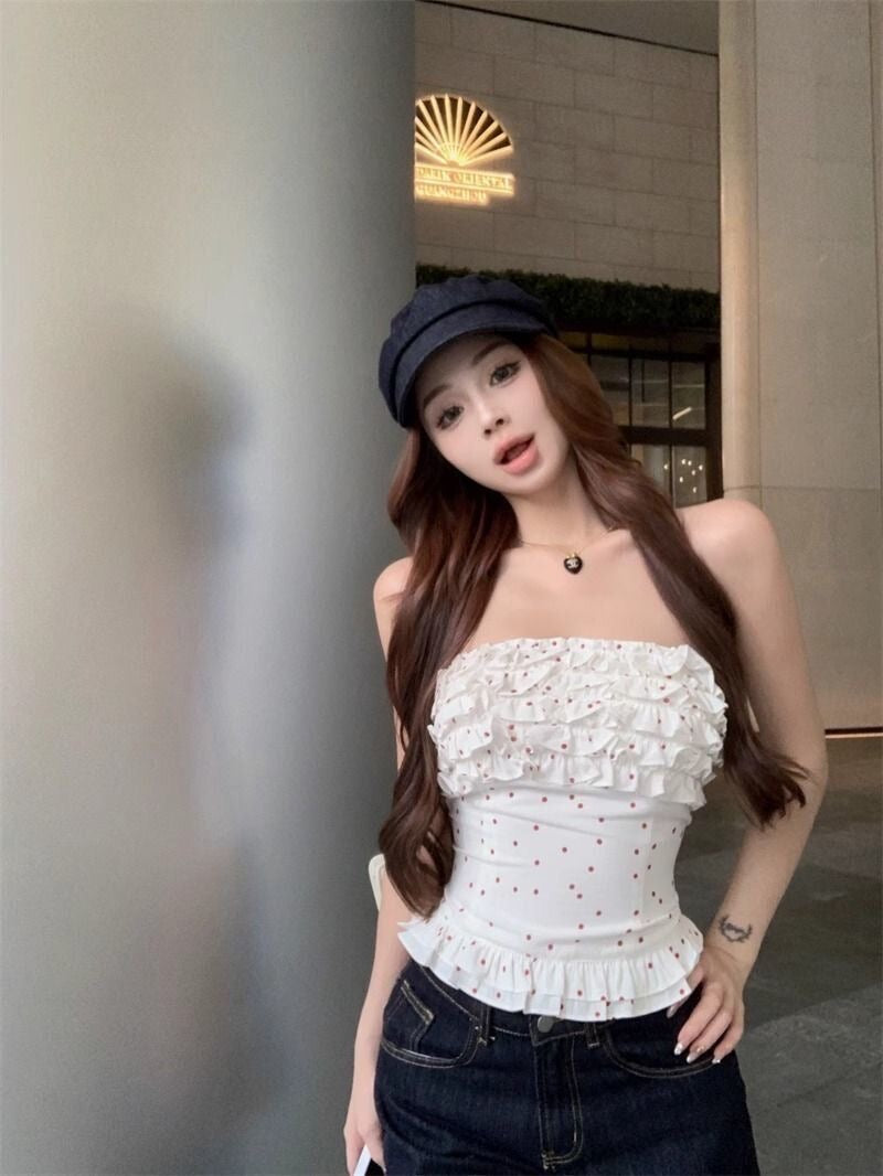 Red/White Dot White Tube Top T008