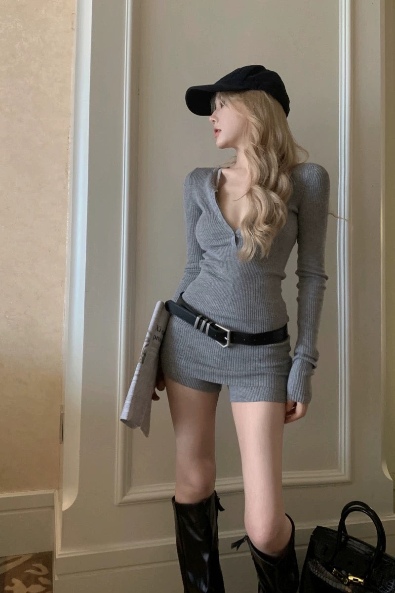 Grey Slim Fit Top + Shorts Two Piece Set with belt